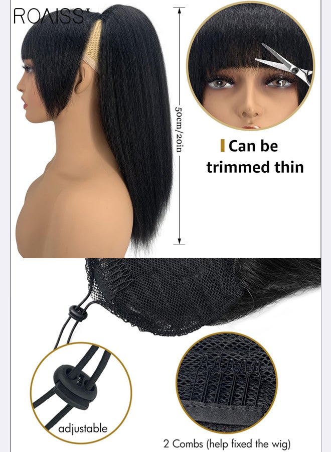 roaiss 2 Pcs Long Straight Drawstring Ponytail and Bangs Set, Heat Resistant Synthetic Thick Straight Bangs with Sideburns, 20-inch Natural and Voluminous Ponytail Wig, Suitable for Girl Daily Use - Image 4
