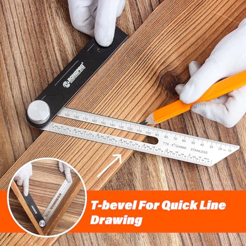 RONGPRO 10Inch Woodworking Square Ruler and T-Bevel Gauge Set - 1/16" Precision,Sliding T-Bevel and T Measurements Ruler, Aluminum Handle Carpenter Square Layout Tool for Woodworking -Imperial… - Image 2