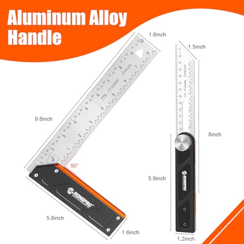 RONGPRO 10Inch Woodworking Square Ruler and T-Bevel Gauge Set - 1/16" Precision,Sliding T-Bevel and T Measurements Ruler, Aluminum Handle Carpenter Square Layout Tool for Woodworking -Imperial… - Image 5
