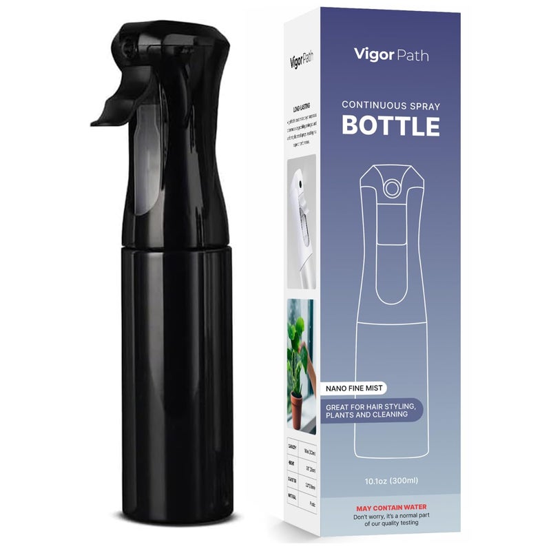 VIGOR PATH Continuous Spray Bottle for Hair Fine Mist Mister for Hairstyling Cleaning Plants Pets Barbers Salons and Essential Oil Applications 300ml101 oz Black