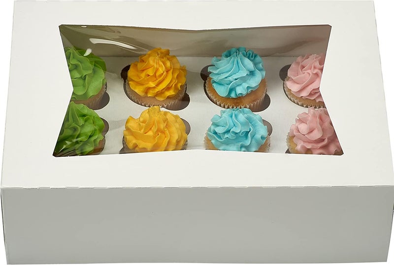 Decony 12 Pcs Window Cupcake Boxes [MADE IN USA] White Bakery Cupcake Boxes with Inserts- 14" x 10" x 4" Fits 12 Standard Size Cupcakes and Muffins- 12 Count Cupcake Container for Storing & Transporting - Image 1
