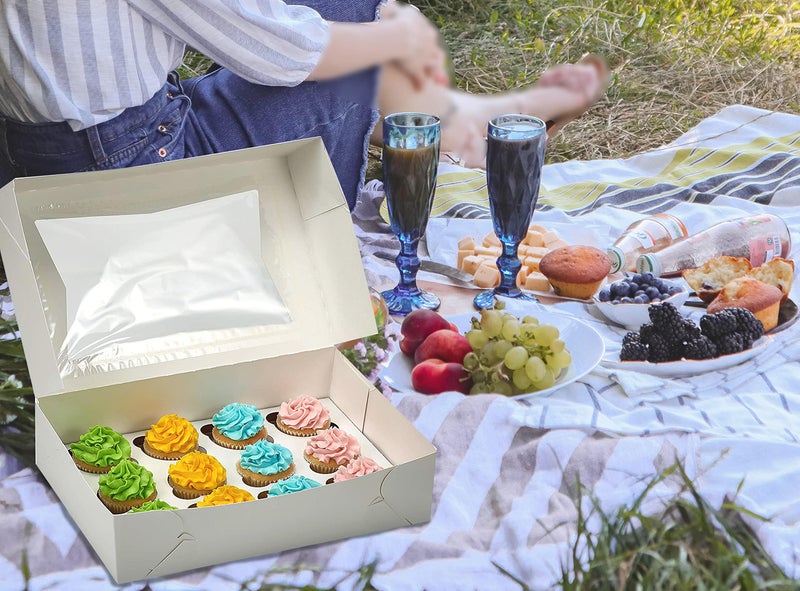 Decony 12 Pcs Window Cupcake Boxes [MADE IN USA] White Bakery Cupcake Boxes with Inserts- 14" x 10" x 4" Fits 12 Standard Size Cupcakes and Muffins- 12 Count Cupcake Container for Storing & Transporting - Image 3