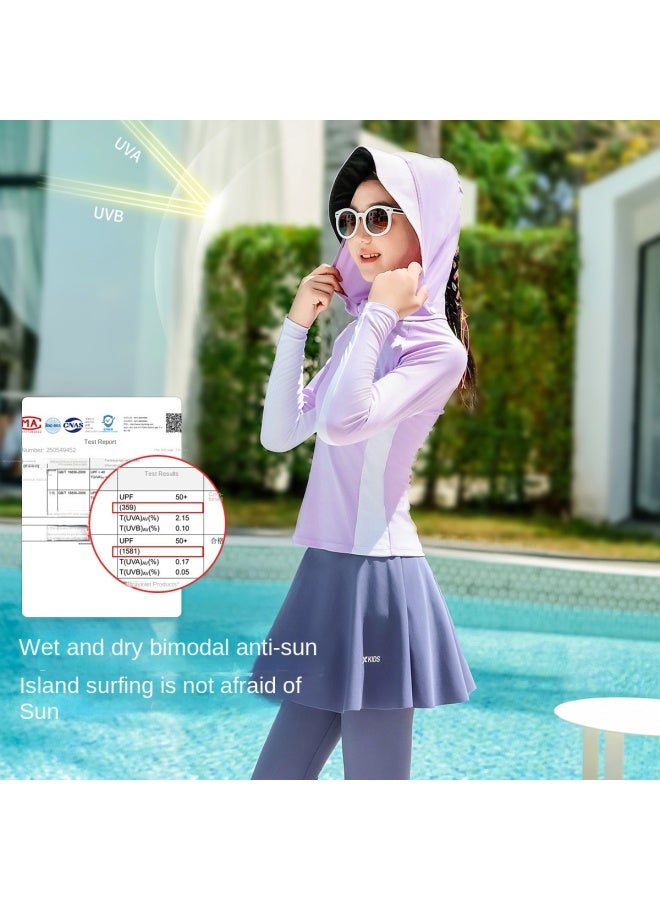 XTEP Children's Two-piece Swimsuit For Girls, Long Sleeve Sun Protection Set, Comfortable High Elasticity, Teen Student Beach Vacation Swimsuit - Image 3