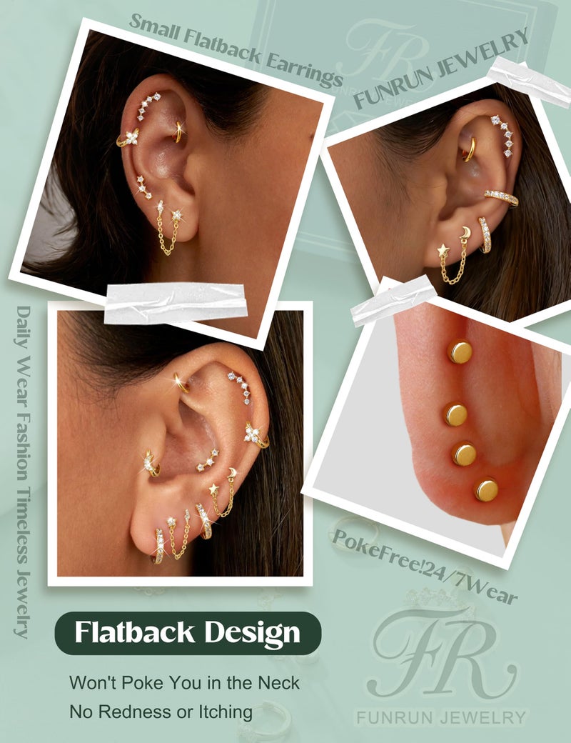 FUNRUN JEWELRY 10PCS 20G Helix Piercing Jewelry Cartilage Earrings for Women-Hypoallergenic Gold Flat Back Stud Earrings Set Surgical Steel Chain Cartilage Hoop Conch Tragus Daith Helix Piercing Jewelry for Multiple Piercing Single - Image 3
