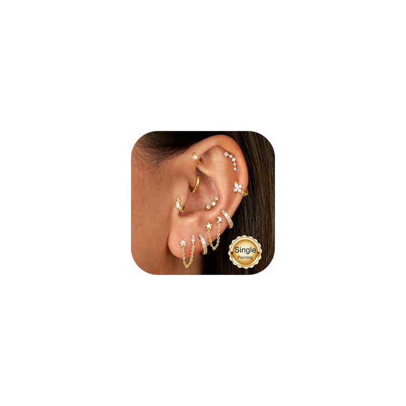 FUNRUN JEWELRY 10PCS 20G Helix Piercing Jewelry Cartilage Earrings for Women-Hypoallergenic Gold Flat Back Stud Earrings Set Surgical Steel Chain Cartilage Hoop Conch Tragus Daith Helix Piercing Jewelry for Multiple Piercing Single - Image 1