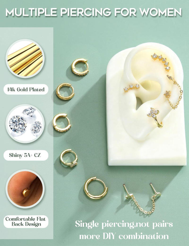 FUNRUN JEWELRY 10PCS 20G Helix Piercing Jewelry Cartilage Earrings for Women-Hypoallergenic Gold Flat Back Stud Earrings Set Surgical Steel Chain Cartilage Hoop Conch Tragus Daith Helix Piercing Jewelry for Multiple Piercing Single - Image 2