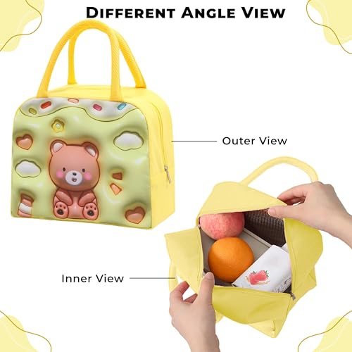 Kraptick Compact & Stylish Design Printed Tiffin Bag for Children Insulated Lunch Bag for Kids Perfect Leakproof Keeps Hot and Cold Lunch Bag for School (Yellow Brown Bear) - Image 2