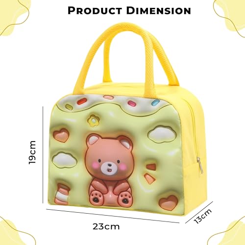 Kraptick Compact & Stylish Design Printed Tiffin Bag for Children Insulated Lunch Bag for Kids Perfect Leakproof Keeps Hot and Cold Lunch Bag for School (Yellow Brown Bear) - Image 3