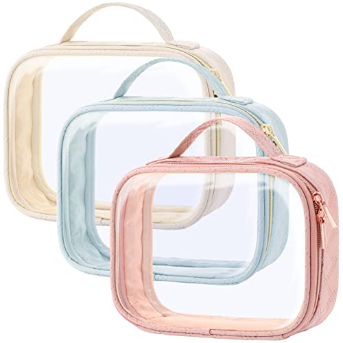 PACKISM TSA Approved Toiletry Bag 3 Pack Clear Makeup Bags with Handle Large Opening Clear Toiletry Bags Fit Carryon Travel Essentials Quartsized Travel Bags for Toiletries Multicolor