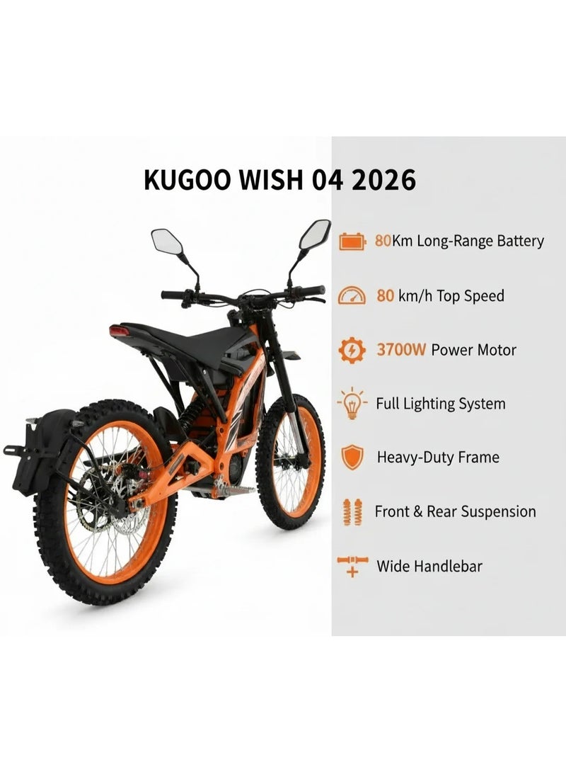 Kugoo Wish 04 Electric Dirt Bike 3700W Brushless Motor 80km/h Top Speed 67.2V 36Ah Battery Recommended for Adults Maximum Riding Range 60–70km Off-Road Design Orange Black Color - Image 2