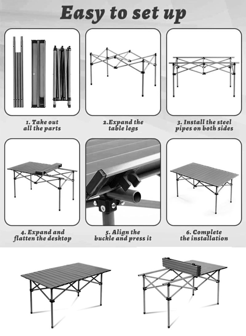 DBLEW Outdoor Camping Folding Table 90×55×50 cm – Aluminum Alloy Waterproof, Heat & Stain Resistant Roll-Up Tabletop with Metallic Finish, X-Frame Reinforcement, Quick Assembly, Carry Bag Included – Portable Picnic, BBQ, Hiking, Fishing & Indoor Desk Use - Image 4