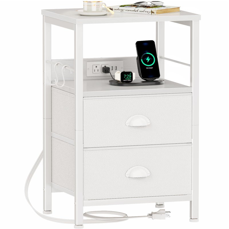 Furologee End Table with Charging Station, Nightstand with Fabric Drawers, Side Tables with USB Ports & Outlets, Night Stand with Storage Shelf & Hooks, for Living Room/Bedroom, White - Image 1