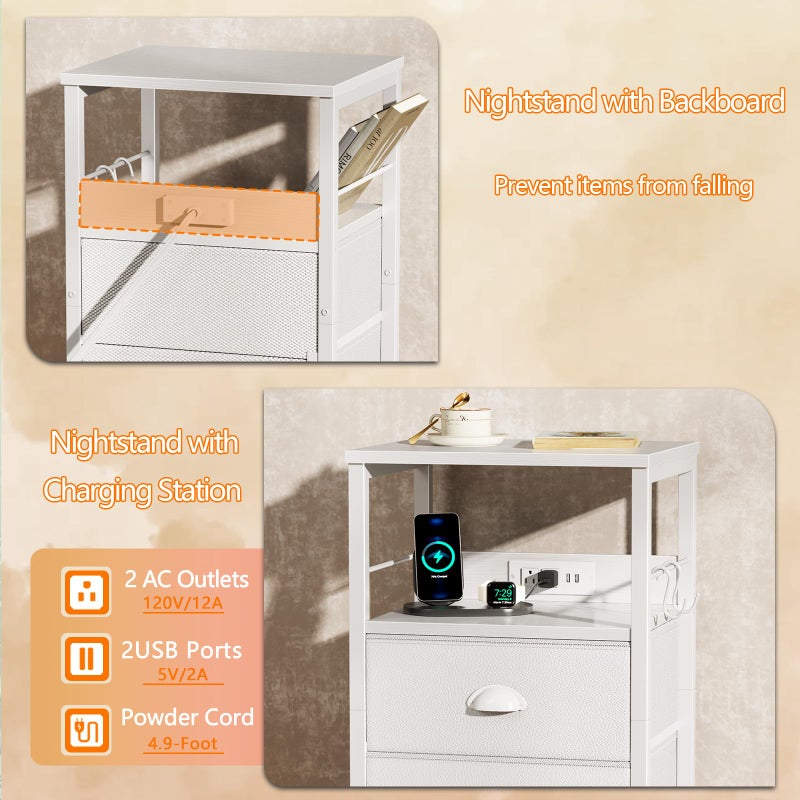 Furologee End Table with Charging Station, Nightstand with Fabric Drawers, Side Tables with USB Ports & Outlets, Night Stand with Storage Shelf & Hooks, for Living Room/Bedroom, White - Image 4