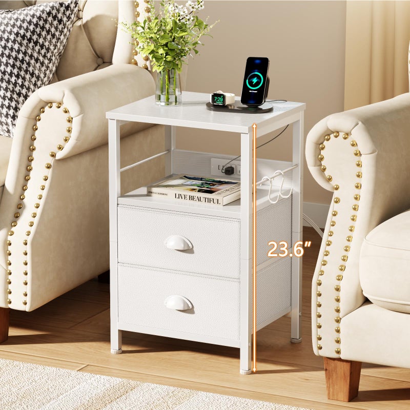 Furologee End Table with Charging Station, Nightstand with Fabric Drawers, Side Tables with USB Ports & Outlets, Night Stand with Storage Shelf & Hooks, for Living Room/Bedroom, White - Image 2