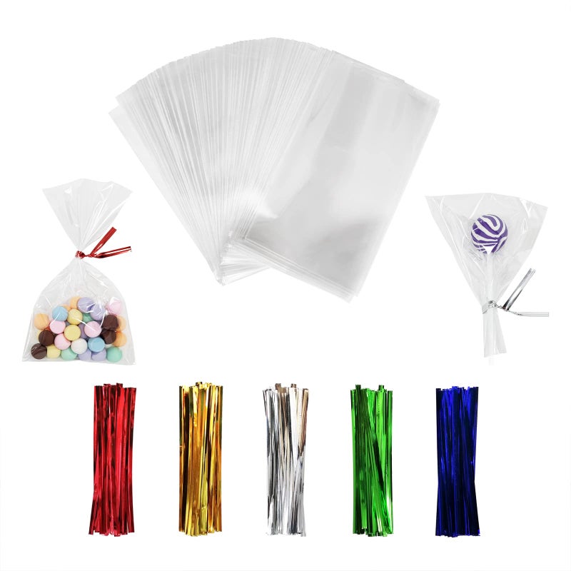 100PCS Cellophane Bags 3x5 inches Clear Treat Bags with 4 Twist Ties Plastic Cello Bags 14 mils Thick OPP Rice Crispy Bags for Gift Goodie Favor Candy Cake Pop Birthday Party Cookies 3 x 5