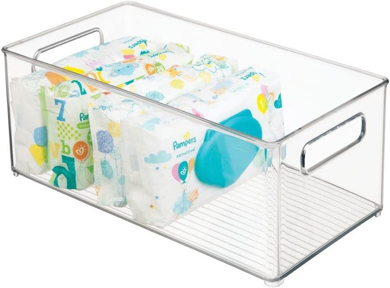m-design Plastic Deep Bin Organizer Caddy Container w/ Handles for Nursery, Kitchen, Pantry, Bathroom, Cabinet Storage Organization - Holds Snacks, Bottles, Baby Food Jar, Diaper - 14" Long -Clear - Image 1