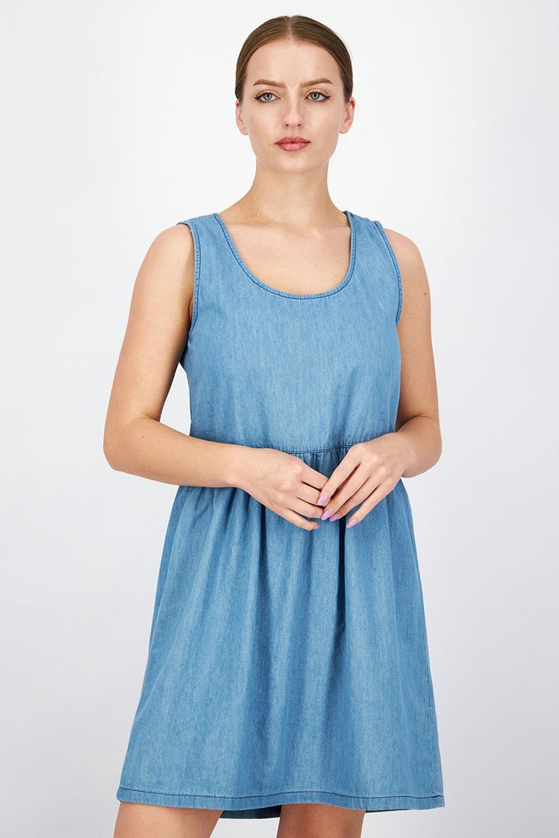 DeFacto Women Solid Sleeveless Mini Casual Dress, Blue - Image 1