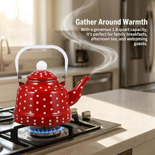 Cabilock Red Tea Kettle 18 Quart Vintage Enamel Tea Kettle for Stovetop NonWhistling with Polka Dot Design and CeramicStyle Handle Retro Kitchen Decor Water Pot for Home Coffee - Image 3