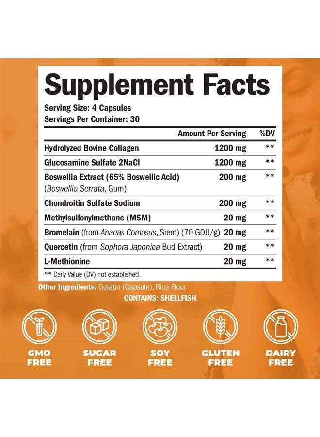 Vimerson Health Collagen Glucosamine Chondroitin with MSM, Boswellia Extract, Bromelain & Quercetin. Joint Support Supplement for Women & Men. Promotes Muscle, Bone, Hair, Skin & Nail Health. 120 Capsules.  - Image 3