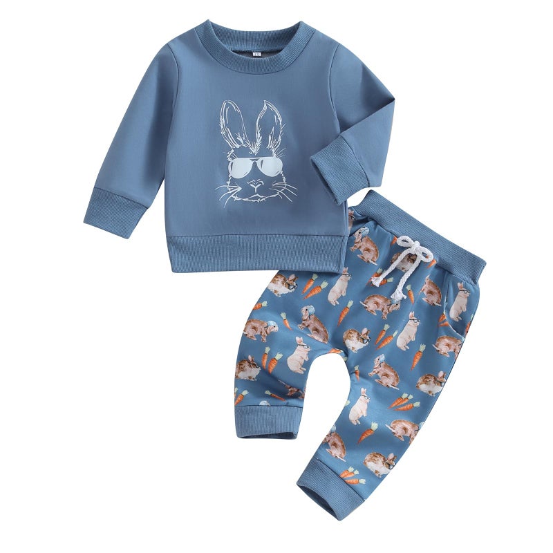 YINGISFITM Toddler Baby Boy Easter Outfit Bunny Long Sleeve Crewneck Sweatshirt Shirt Top Pants Winter Spring Clothes (Blue Bunny, 12-18 Months) - Image 1