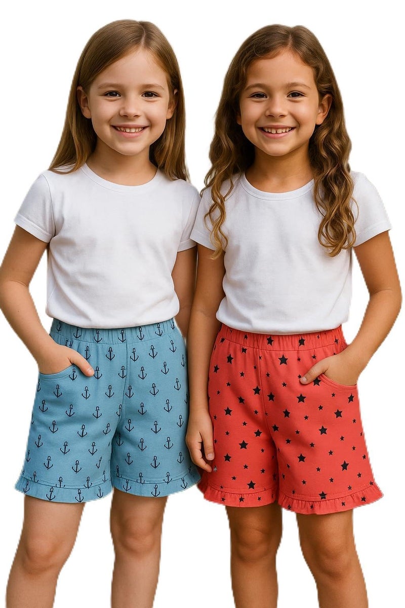 ICEDIVE Girls' Regular Fit Printed Cotton Shorts - Pack of 2 in Multicolour for Comfort and Style - Image 1