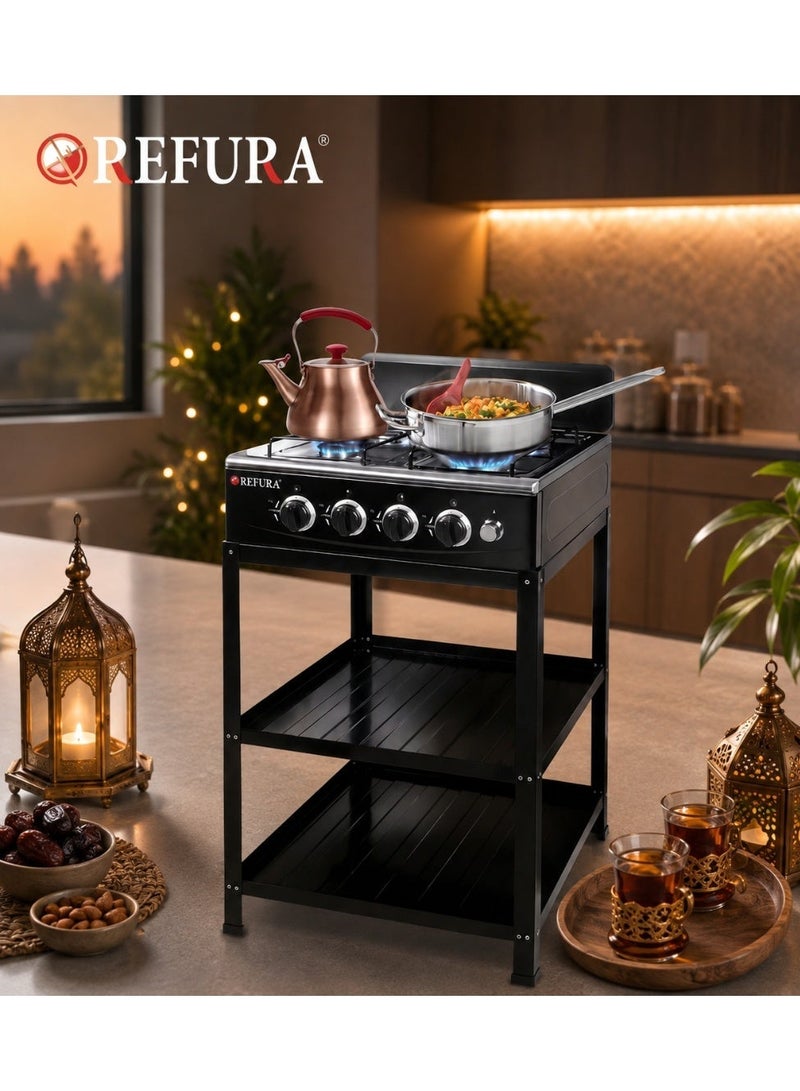 REFURA 4-Burner Gas Stove Floor Standing | Porcelain Enameled Metal Body | Cast Iron Top | Auto Ignition | Portable Propane LPG Stove | Black | RE-8035 - Image 1