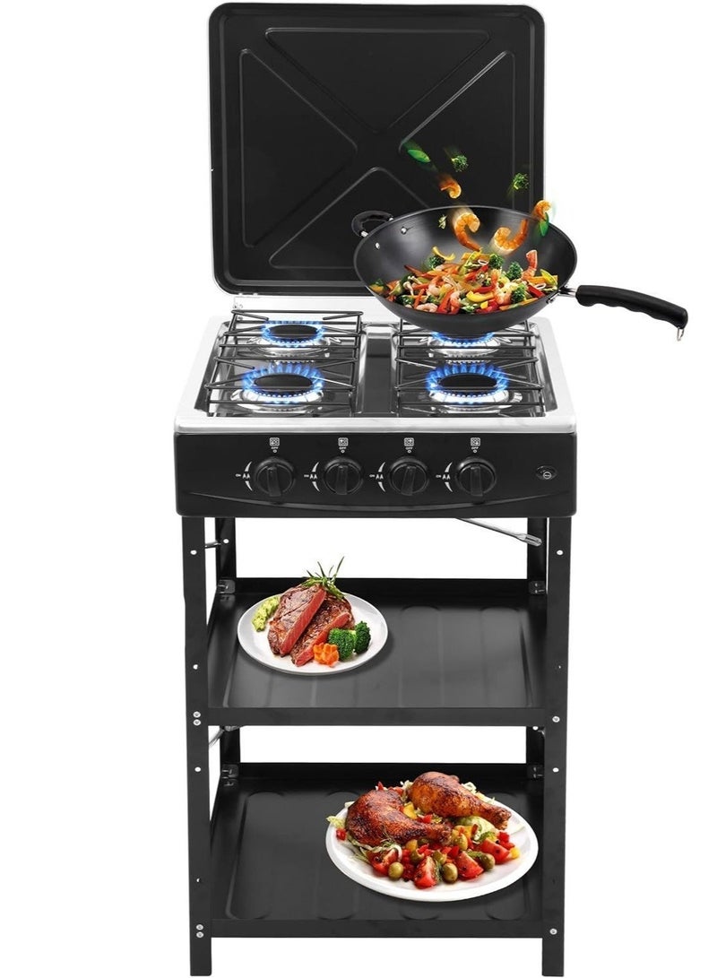 REFURA 4-Burner Gas Stove Floor Standing | Porcelain Enameled Metal Body | Cast Iron Top | Auto Ignition | Portable Propane LPG Stove | Black | RE-8035 - Image 3