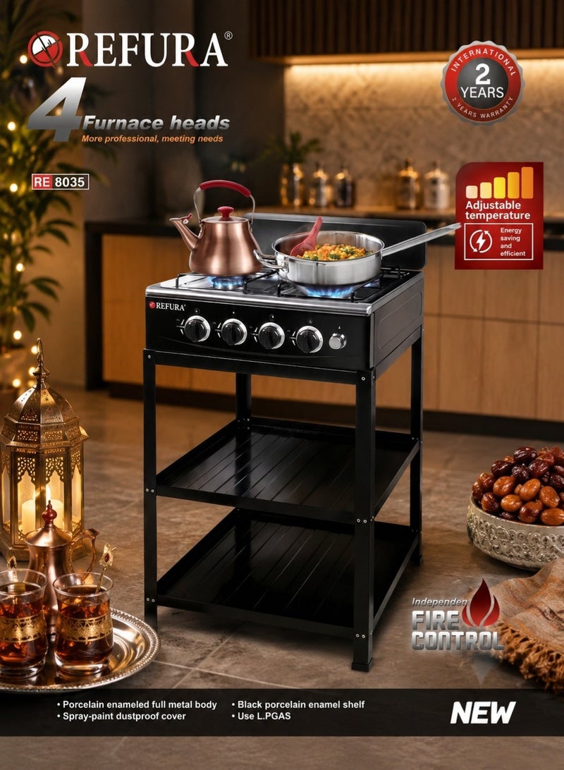 REFURA 4-Burner Gas Stove Floor Standing | Porcelain Enameled Metal Body | Cast Iron Top | Auto Ignition | Portable Propane LPG Stove | Black | RE-8035 - Image 2