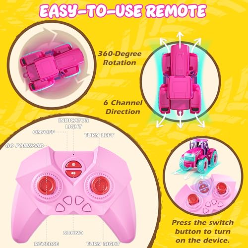 Funwee RC Tractor Toy Set with Light Sound Kids Farm Car Animal Trailer Wheels Remote Truck Outdoor Vehicle Toys Birthday Gift Idea for 3 4 5 6 7 Years Old Toddler Boys and GirlsRose red - Image 5