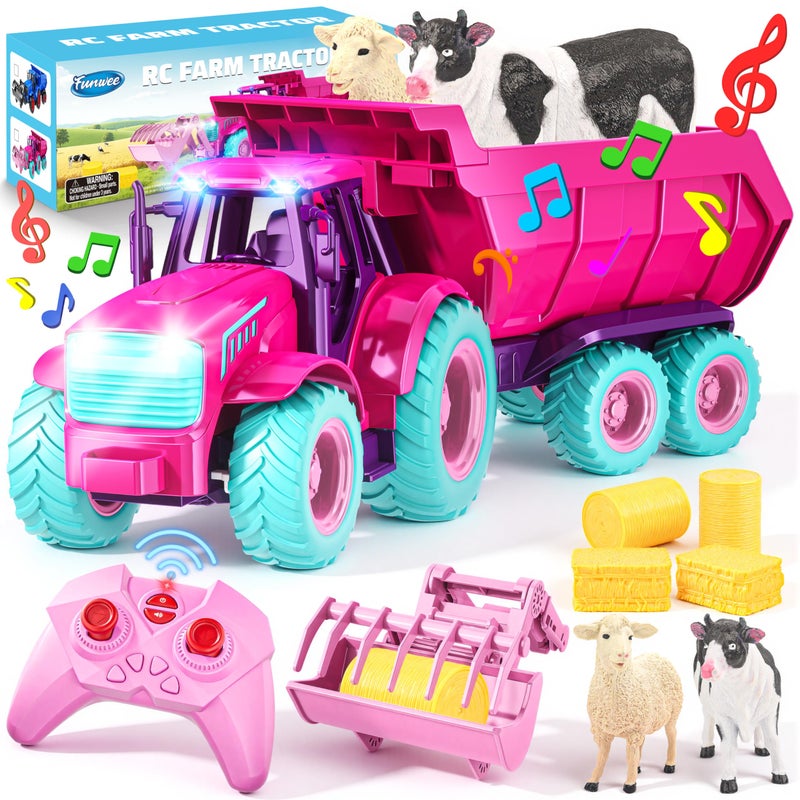 Funwee RC Tractor Toy Set with Light Sound Kids Farm Car Animal Trailer Wheels Remote Truck Outdoor Vehicle Toys Birthday Gift Idea for 3 4 5 6 7 Years Old Toddler Boys and GirlsRose red - Image 3