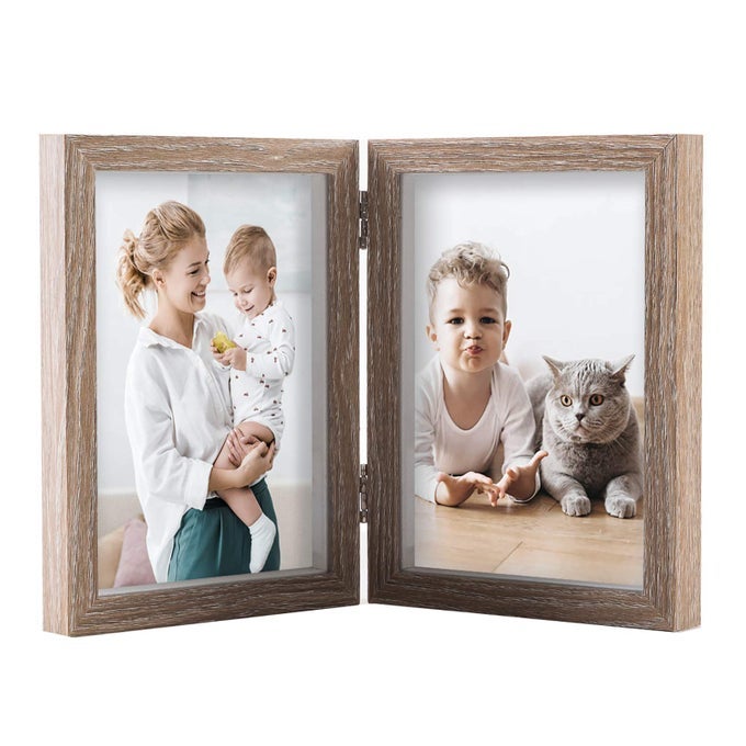 5X7 DOUBLE PICTURE FRAMES HINGED WOOD FOLDING PICTURE FRAMES VERTICALLY DISPLAY REAL GLASS FRONT