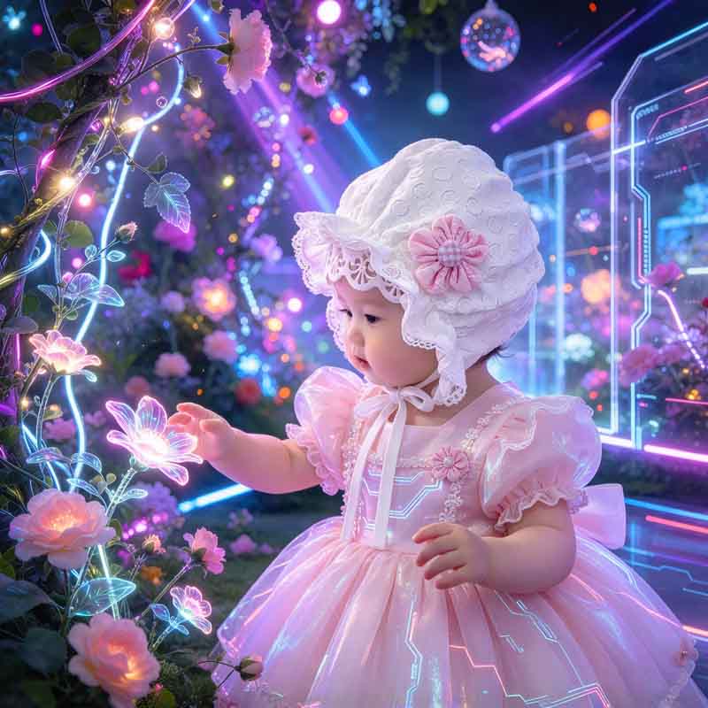 قبعة شمسية صيفية للرضع من الفتيات بتصميم فيونكة ودانتيل وحافة عريضة مسامية - Image 2