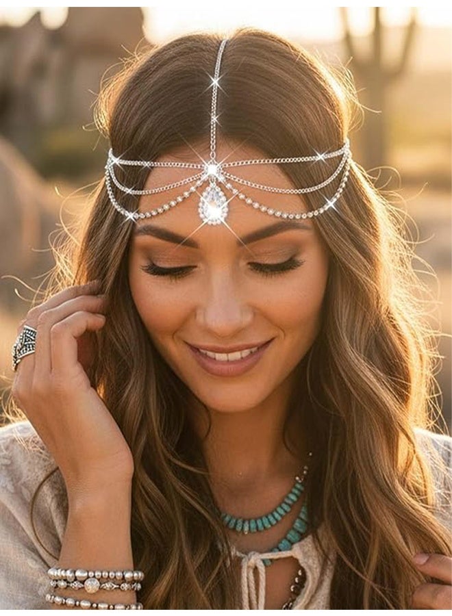 واي جيه سلسلة رأس، أربطة رأس، إكسسوارات رأس للزفاف، سلسلة رأس بتصميم قديم، حجر الراين الكريستالي مع قلادة، ربطة رأس لإكسسوارات الشعر للزفاف والحفلات المسائية للنساء والفتيات، فضية - Image 3