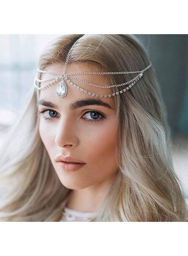 واي جيه سلسلة رأس، أربطة رأس، إكسسوارات رأس للزفاف، سلسلة رأس بتصميم قديم، حجر الراين الكريستالي مع قلادة، ربطة رأس لإكسسوارات الشعر للزفاف والحفلات المسائية للنساء والفتيات، فضية - Image 1