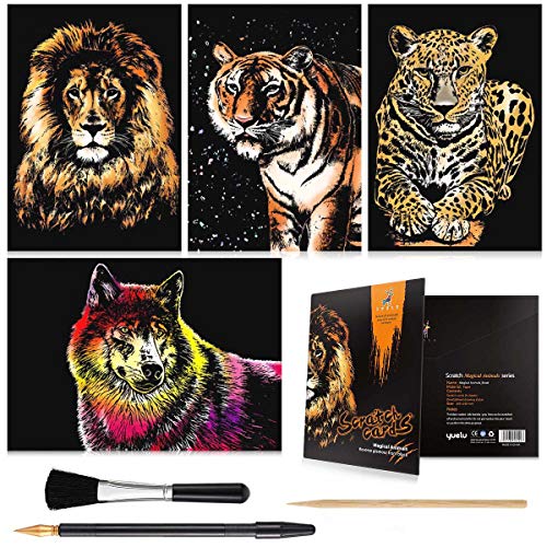 AP ARTSPER Rainbow Scratch Art Painting Paper (A4) for Kids & Adults, Night View Scratchboard, Art & Craft, Engraving Art Set: 4 Sheets Scratch Cards & Drawing Pen, Clean Brush (Lion / Tiger / Leopard / Wolf) - Image 1
