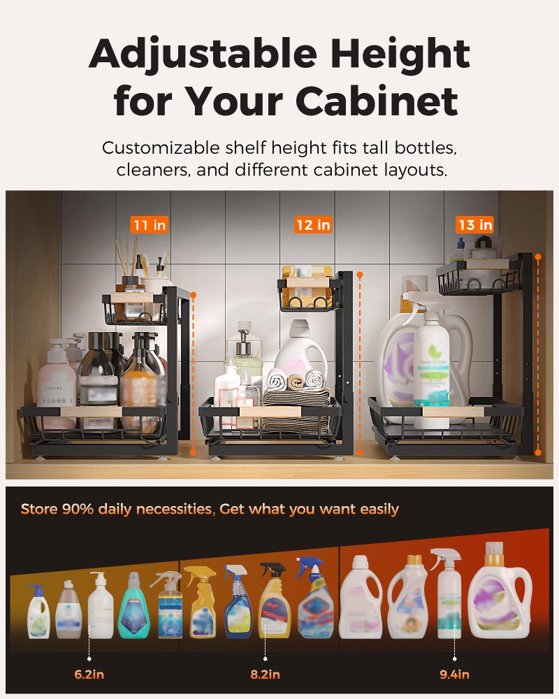 Sevenblue 3 Pack Under Sink Organizer, Height Adjustable 2 Tier Pull-Out Metal Under Kitchen Sink Organizer, Multi-Purpose Storage Shelves for Kitchen Bathroom Cabinet - Image 4