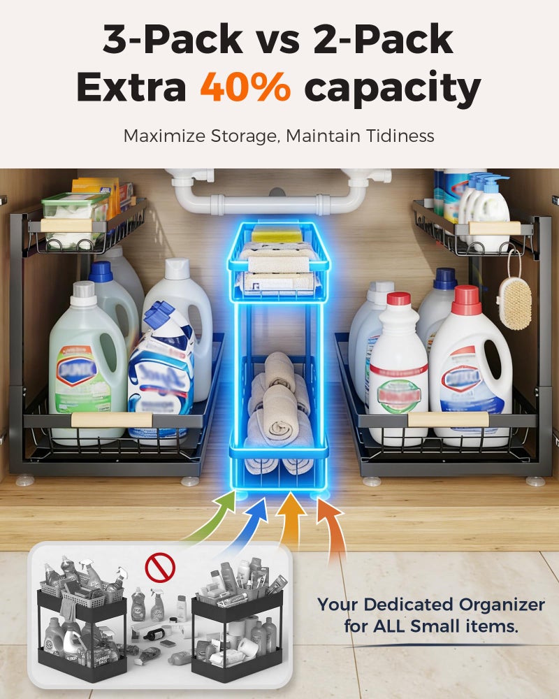 Sevenblue 3 Pack Under Sink Organizer, Height Adjustable 2 Tier Pull-Out Metal Under Kitchen Sink Organizer, Multi-Purpose Storage Shelves for Kitchen Bathroom Cabinet - Image 2