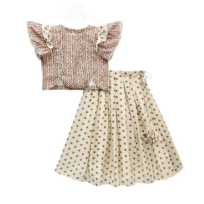 GORLYA Gorliya Girls Lehenga Choli Set Ethnic Printed Flared Skirt Ruffle Sleeve Top Traditional Festive Outfit Kids Party Wedding Clothing Ensemble - Image 1