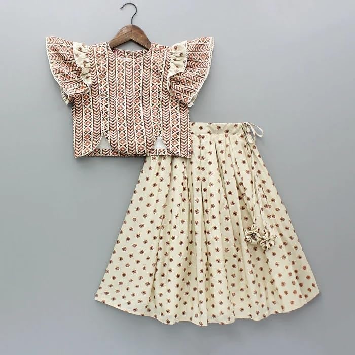 GORLYA Gorliya Girls Lehenga Choli Set Ethnic Printed Flared Skirt Ruffle Sleeve Top Traditional Festive Outfit Kids Party Wedding Clothing Ensemble - Image 2
