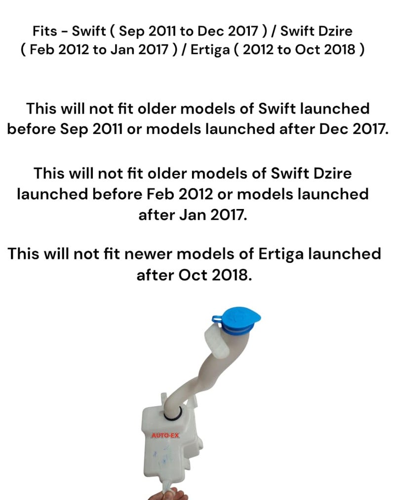 Auto-Ex خزان مضخة مياه المساحات زجاجة سائل غسيل الزجاج الأمامي متوافق / بديل لسيارة سويفت (سبتمبر 2011 إلى ديسمبر 2017) / سويفت دزير (فبراير 2012 إلى يناير 2017) / إرتيجا (2012 إلى أكتوبر 2018) - Image 2