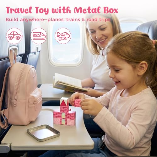 3 otters Magnetic Blocks 12PCS Princess Castle Travel Set STEM Magnet Cubes with Metal Storage Box PocketSized Building Toys for Kids Road Trip Airplane Gifts for Boys Girls - Image 5
