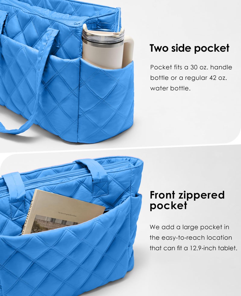 Uselike Tote Bag for Women, Lightweight Puffer Tote Work Bags with Compartments for Travel, Quilted Shoulder Bag with Zipper (Blue) - Image 3