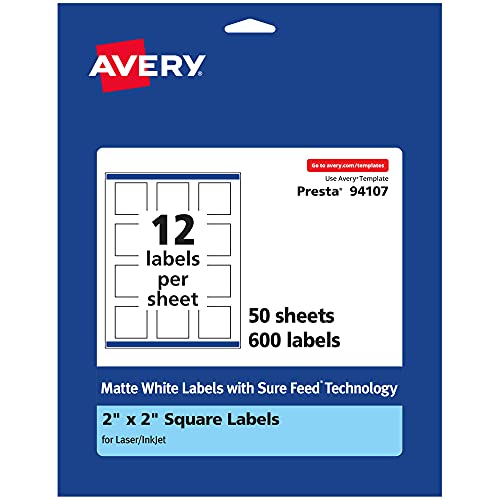 Avery Matte White Square Labels, Sure Feed Technology, 2" x 2", 600 Matte White Printable Labels - Image 1