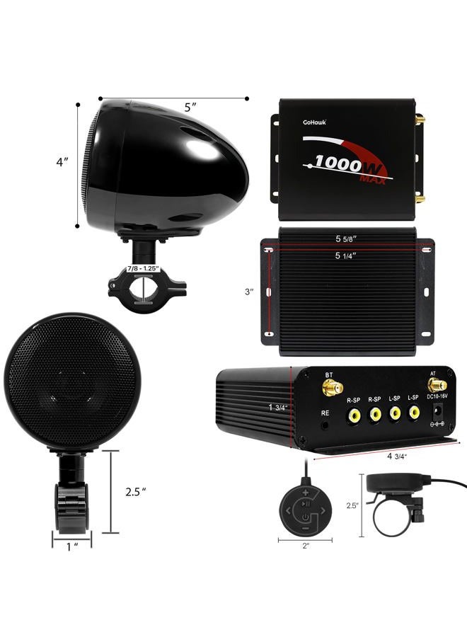 GoHawk TN4-Q 1000W 4 Channel Amplifier 4" Full-Range Waterproof Bluetooth Motorcycle Stereo Speakers Audio System AUX USB SD Radio for 1-1.5" Handlebar Harley Touring Cruiser ATV - Image 4