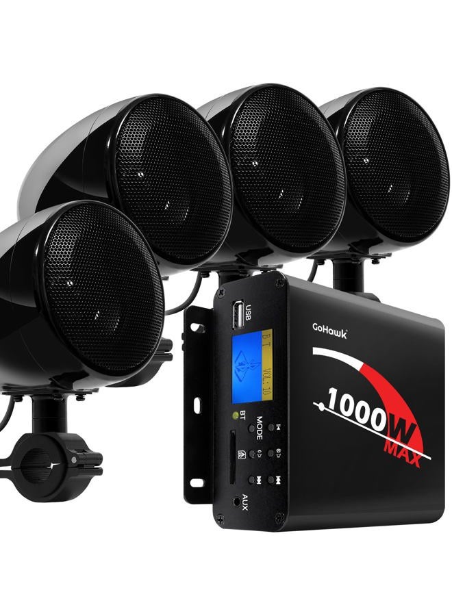 GoHawk TN4-Q 1000W 4 Channel Amplifier 4" Full-Range Waterproof Bluetooth Motorcycle Stereo Speakers Audio System AUX USB SD Radio for 1-1.5" Handlebar Harley Touring Cruiser ATV - Image 1