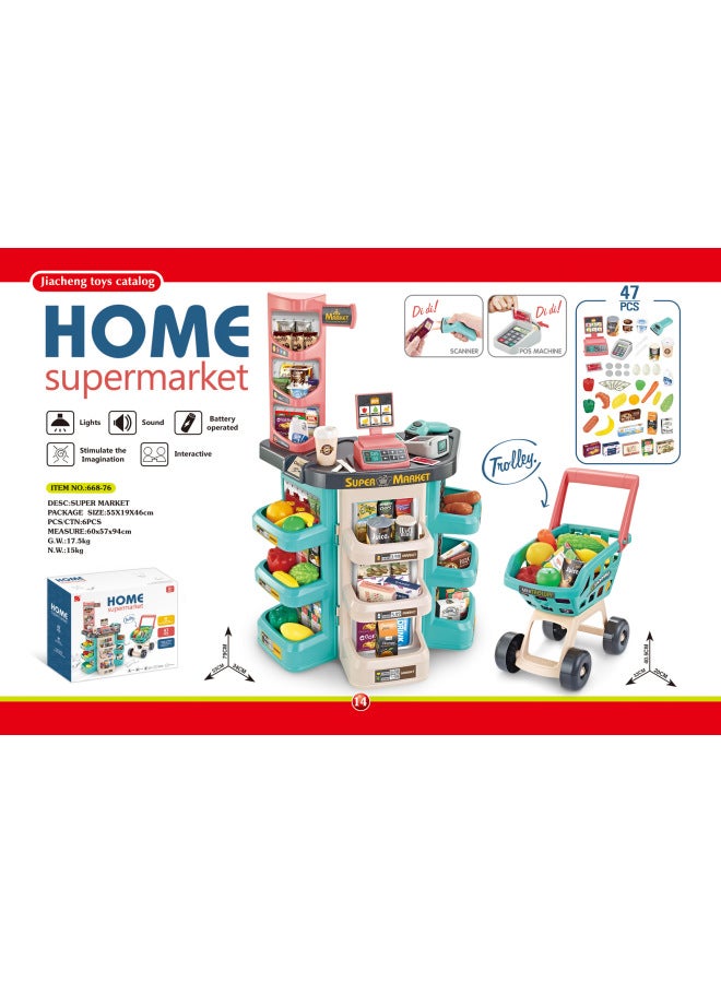 Children's Simulated Supermarket Shopping Cart Set Scan Register Toy Home Play Shopping Cart Set Suitable For Kids Role Play-Color:668-76 - Image 1