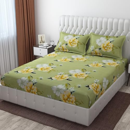 CB HOME Glace Cotton Fitted King Size Bedsheet for Double Bed with 2 Pillow Covers 72x78x8'' All Round Elastic (Print 8, Floral & Traditional King) - Image 1