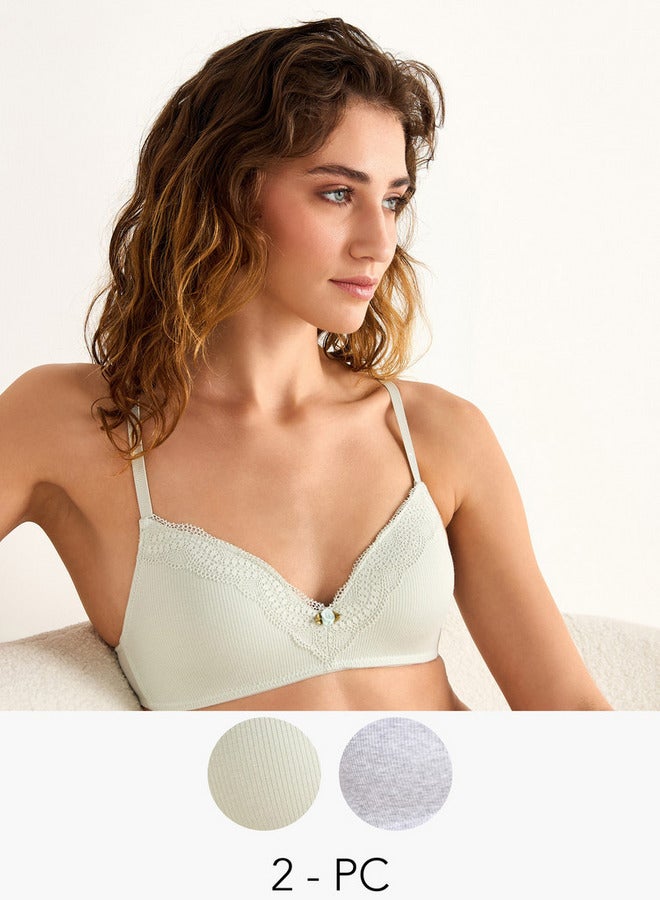 Splash FAV Set of 2 - Lace Detail Ribbed Bra with Hook and Eye Closure - Image 1