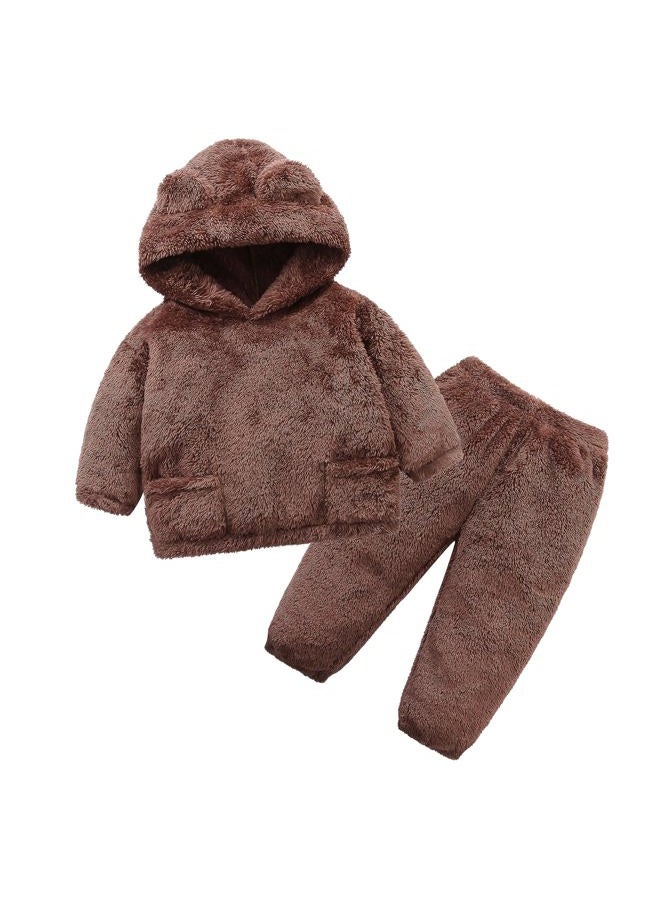 Hikido Fluffy Snug Pants Sets Outfit 1-5T Toddler Cute Fall Winter Pullover Clothes, Brown, (18-24)months - Image 1