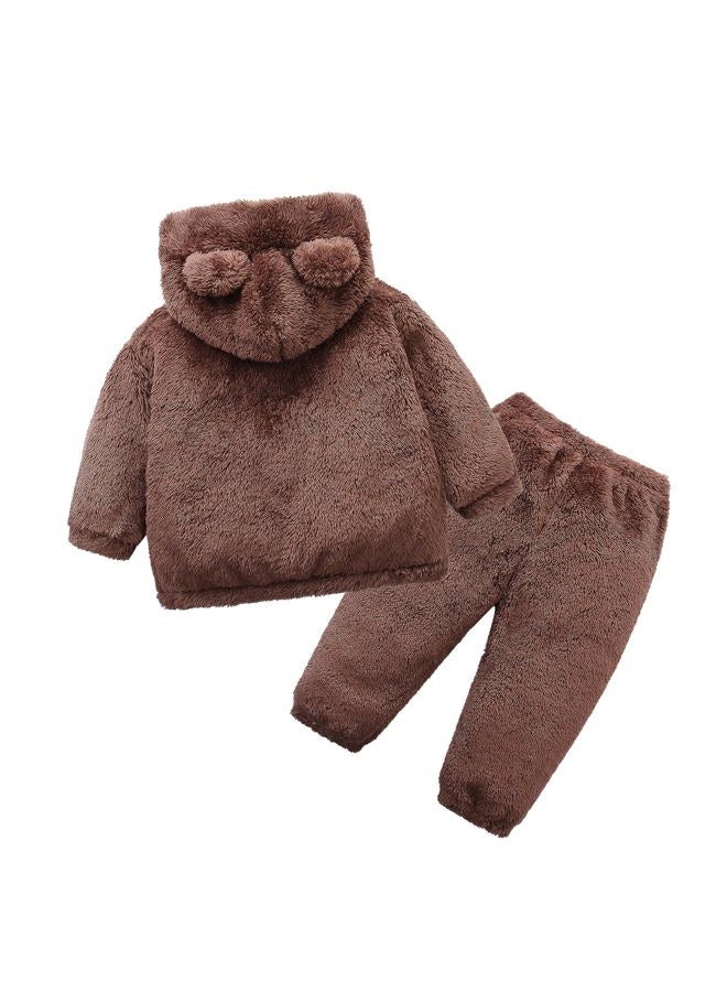 Hikido Fluffy Snug Pants Sets Outfit 1-5T Toddler Cute Fall Winter Pullover Clothes, Brown, (18-24)months - Image 2